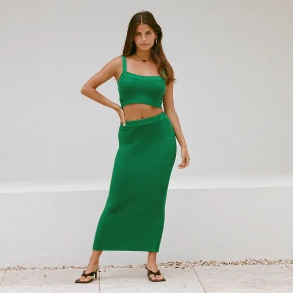 Sabo Nooa Knit Maxi Skirt &amp; Crop Top SET, Emerald Green, NWT, Size XS