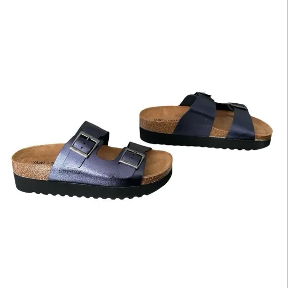 Saint   Sofia Sutton Slide double Strap Sandals Metallic Indigo Women’s Size 7