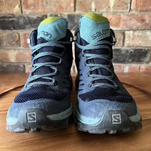 Salomon Womens Outline Mid GTX Waterproof Hiking Sneakers Boots 8 Blue Gore-Tex