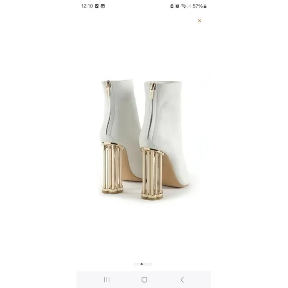 Salvatore Ferragamo “Coriano” white leather ankle boots gold cage heels -