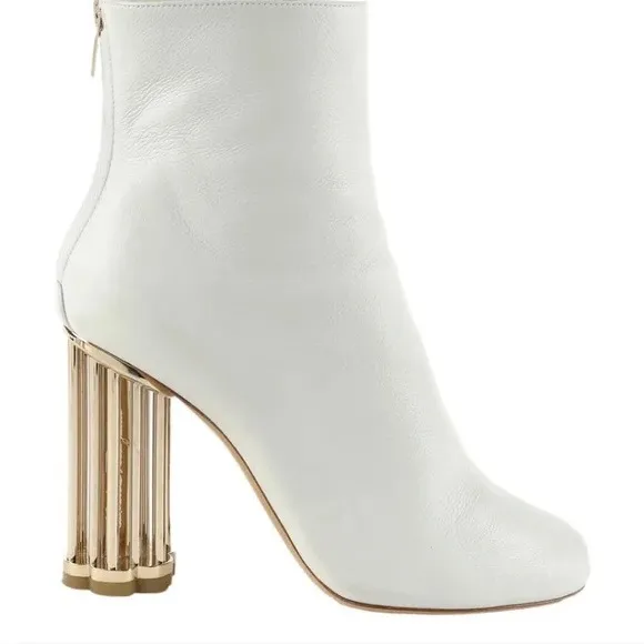 Salvatore Ferragamo “Coriano” white leather ankle boots gold cage heels -