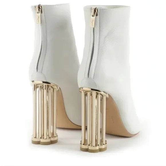 Salvatore Ferragamo “Coriano” white leather ankle boots gold cage heels -