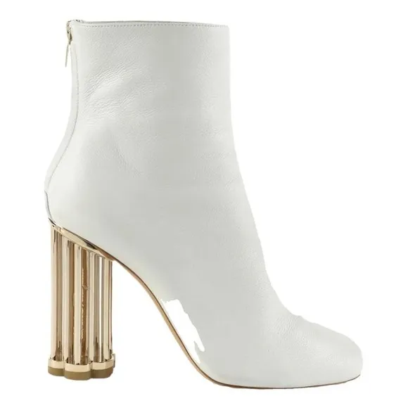 Salvatore Ferragamo “Coriano” white leather ankle boots gold cage heels -