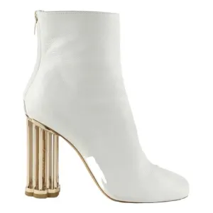 Salvatore Ferragamo “Coriano” white leather ankle boots gold cage heels -