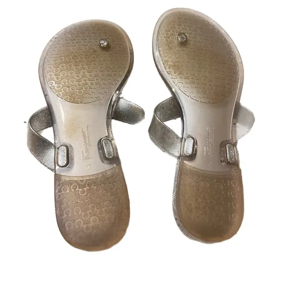 Salvatore Ferragamo Farella Silver Glitter Flip Flop Sandals 7