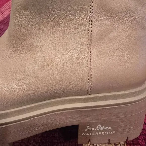Sam Edelman Larina Wellington Boots, Waterproof Sesame Leather, Round Toe Sz. 7.
