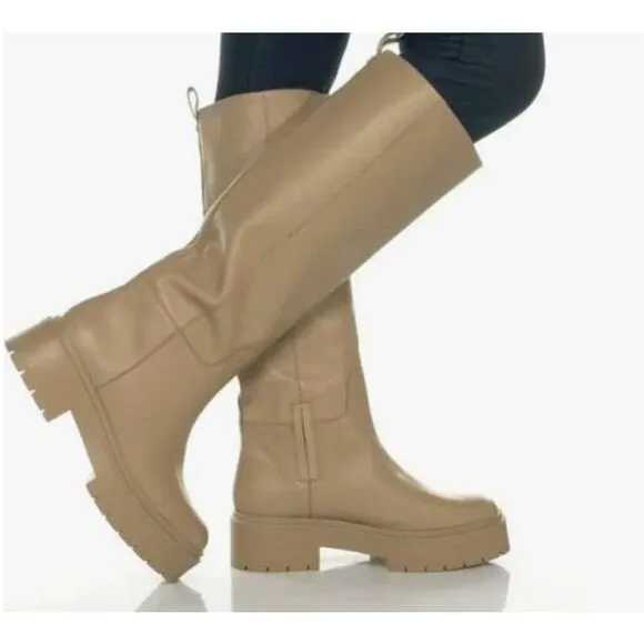 Sam Edelman Larina Wellington Boots, Waterproof Sesame Leather, Round Toe Sz. 7.