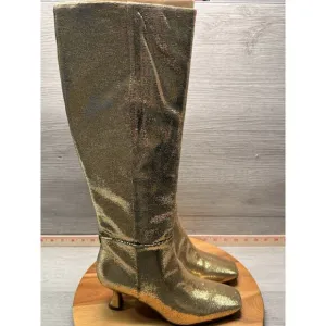Sam Edelman Leigh Gold Disco Leather Squared Toe Spool Heel Knee High Boots 6.5
