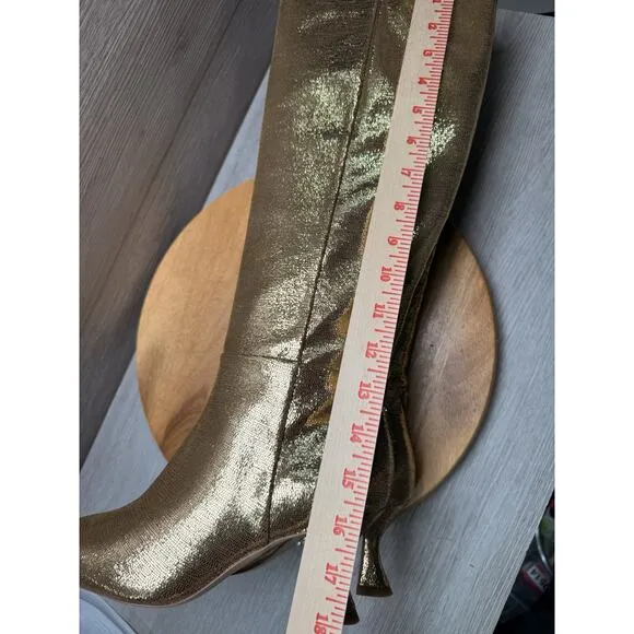 Sam Edelman Leigh Gold Disco Leather Squared Toe Spool Heel Knee High Boots 6.5