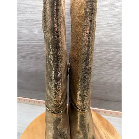 Sam Edelman Leigh Gold Disco Leather Squared Toe Spool Heel Knee High Boots 6.5
