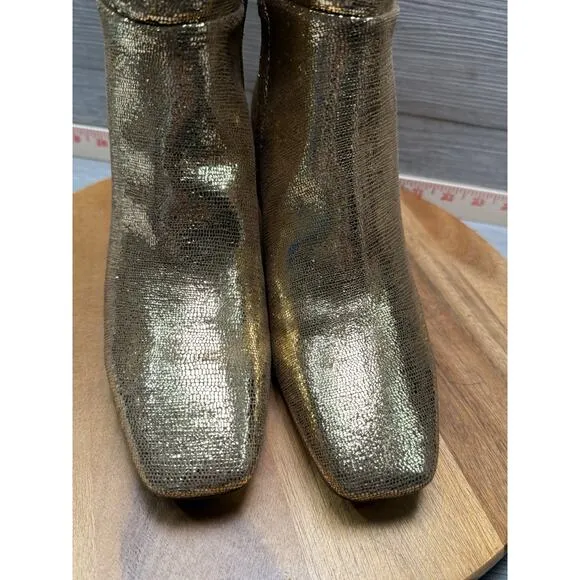 Sam Edelman Leigh Gold Disco Leather Squared Toe Spool Heel Knee High Boots 6.5