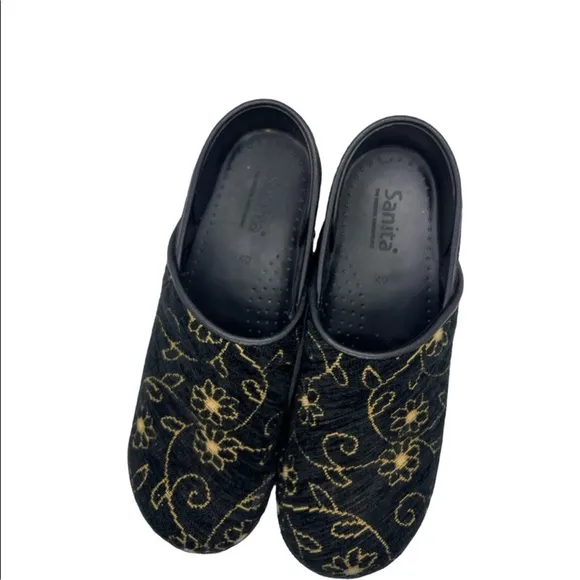 Sanita Clogs Black &amp; Gold Floral | Professional Danish Shoes | Women's 40