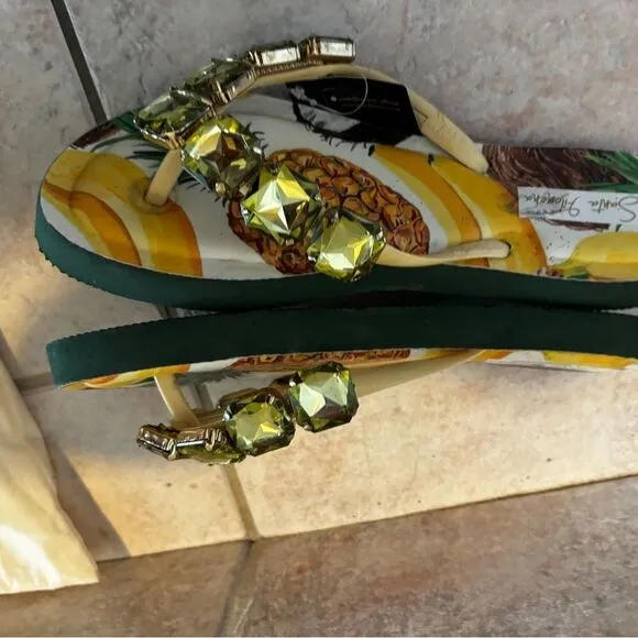 Santa Filomena new green stone crystal sandals flip flops Slides pineapple gems