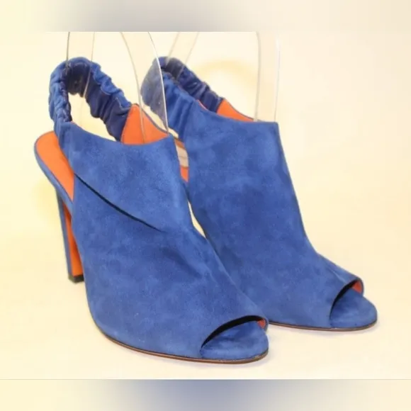 Santoni Italy Made Womens 37 7 Blue Suede Slingback Peep Toe Heels Shoes