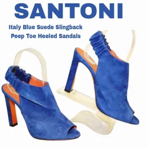 Santoni Italy Made Womens 37 7 Blue Suede Slingback Peep Toe Heels Shoes