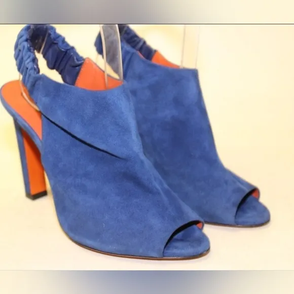 Santoni Italy Made Womens 37 7 Blue Suede Slingback Peep Toe Heels Shoes
