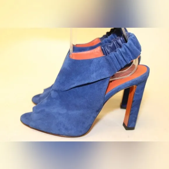 Santoni Italy Made Womens 37 7 Blue Suede Slingback Peep Toe Heels Shoes