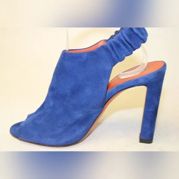 Santoni Italy Made Womens 37 7 Blue Suede Slingback Peep Toe Heels Shoes