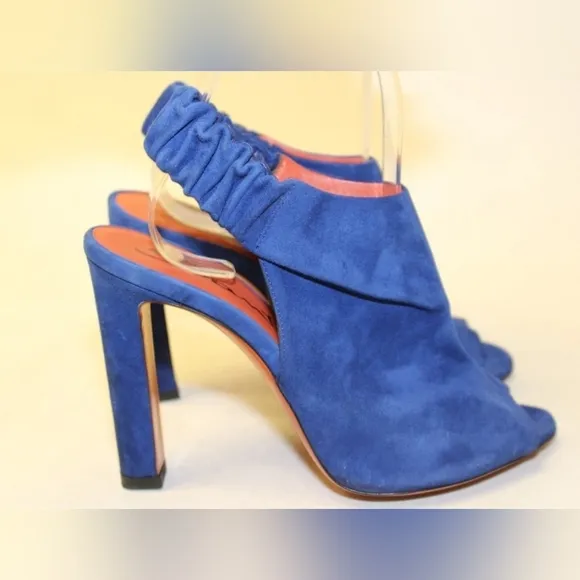 Santoni Italy Made Womens 37 7 Blue Suede Slingback Peep Toe Heels Shoes
