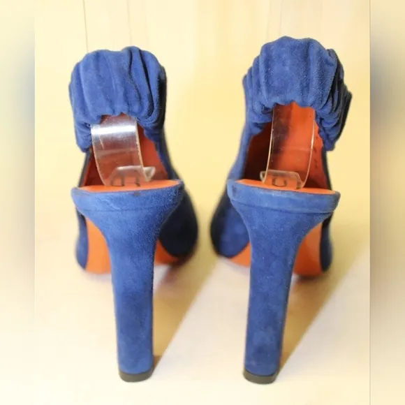 Santoni Italy Made Womens 37 7 Blue Suede Slingback Peep Toe Heels Shoes