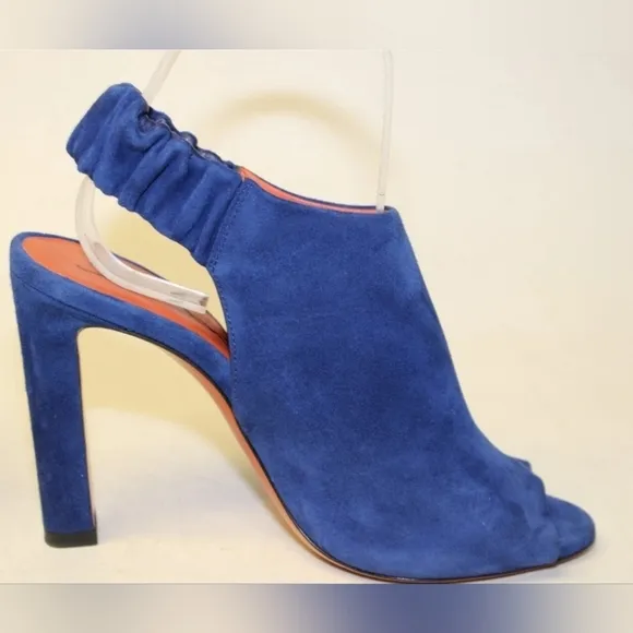 Santoni Italy Made Womens 37 7 Blue Suede Slingback Peep Toe Heels Shoes