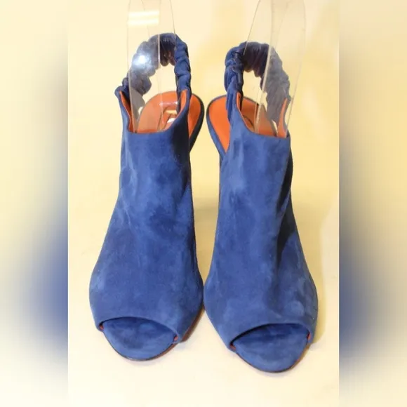 Santoni Italy Made Womens 37 7 Blue Suede Slingback Peep Toe Heels Shoes