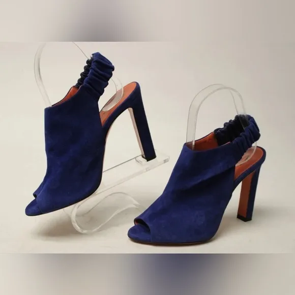 Santoni Italy Made Womens 37 7 Blue Suede Slingback Peep Toe Heels Shoes