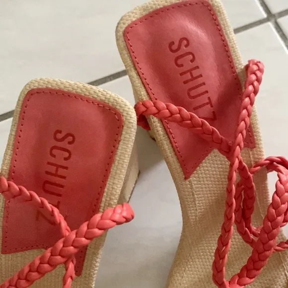 SCHUTZ Coral and Beige Braided Sandals