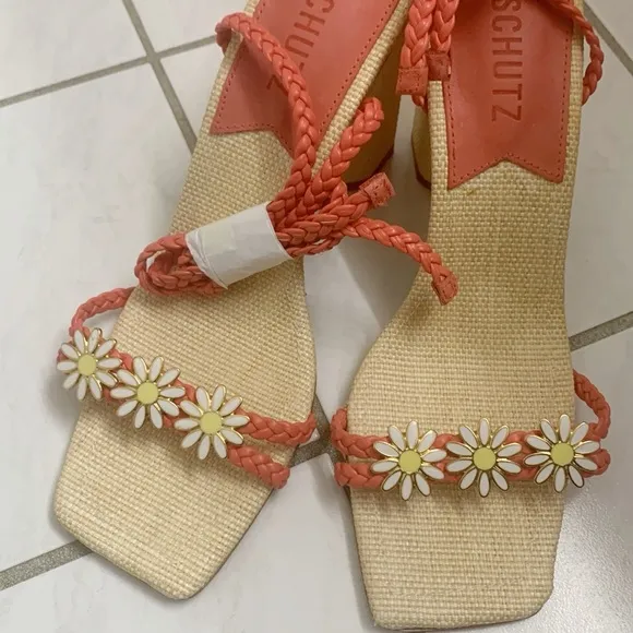 SCHUTZ Coral and Beige Braided Sandals