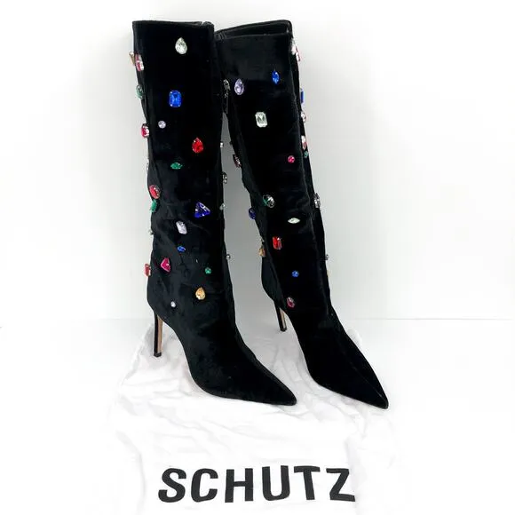 SCHUTZ Women's Maya Glam Boots 8.5 Black Velvet Embellished Gem NWOB