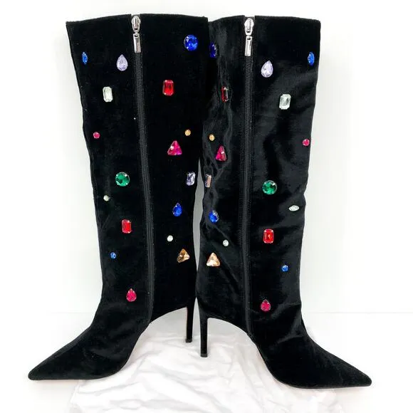 SCHUTZ Women's Maya Glam Boots 8.5 Black Velvet Embellished Gem NWOB
