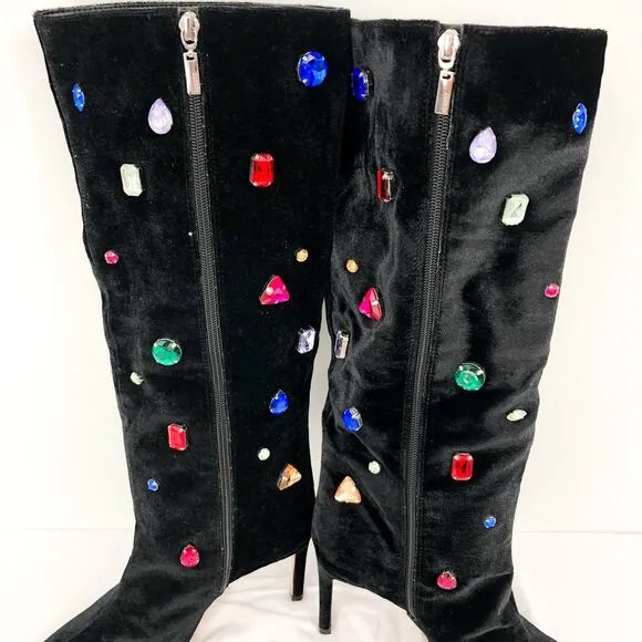 SCHUTZ Women's Maya Glam Boots 8.5 Black Velvet Embellished Gem NWOB