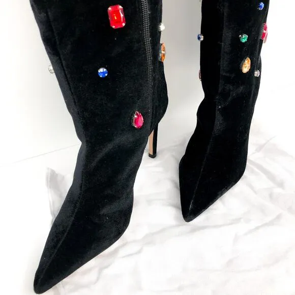 SCHUTZ Women's Maya Glam Boots 8.5 Black Velvet Embellished Gem NWOB