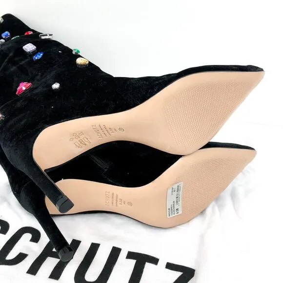 SCHUTZ Women's Maya Glam Boots 8.5 Black Velvet Embellished Gem NWOB