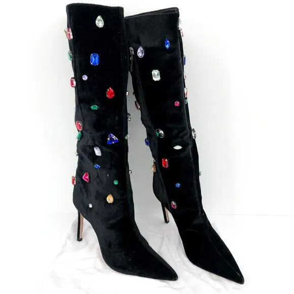 SCHUTZ Women's Maya Glam Boots 8.5 Black Velvet Embellished Gem NWOB