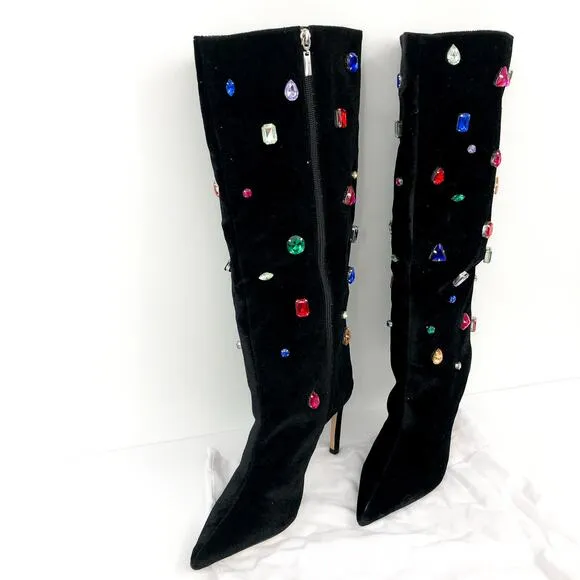 SCHUTZ Women's Maya Glam Boots 8.5 Black Velvet Embellished Gem NWOB