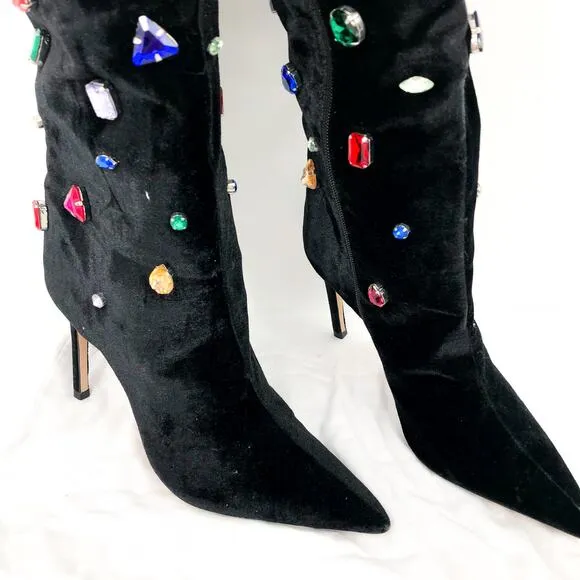 SCHUTZ Women's Maya Glam Boots 8.5 Black Velvet Embellished Gem NWOB