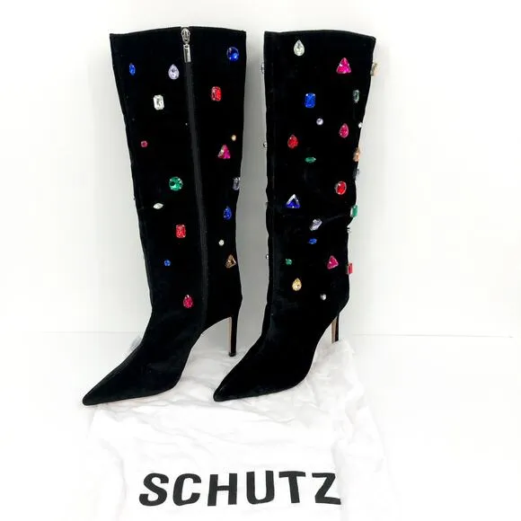 SCHUTZ Women's Maya Glam Boots 8.5 Black Velvet Embellished Gem NWOB