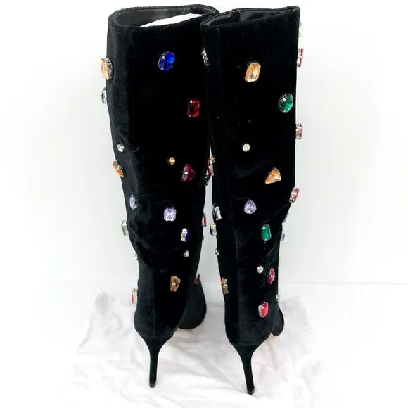 SCHUTZ Women's Maya Glam Boots 8.5 Black Velvet Embellished Gem NWOB