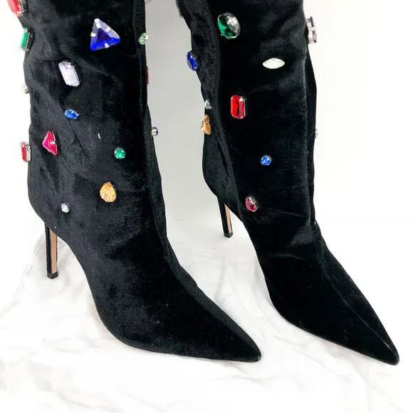 SCHUTZ Women's Maya Glam Boots 8.5 Black Velvet Embellished Gem NWOB