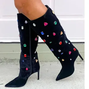 SCHUTZ Women's Maya Glam Boots 8.5 Black Velvet Embellished Gem NWOB