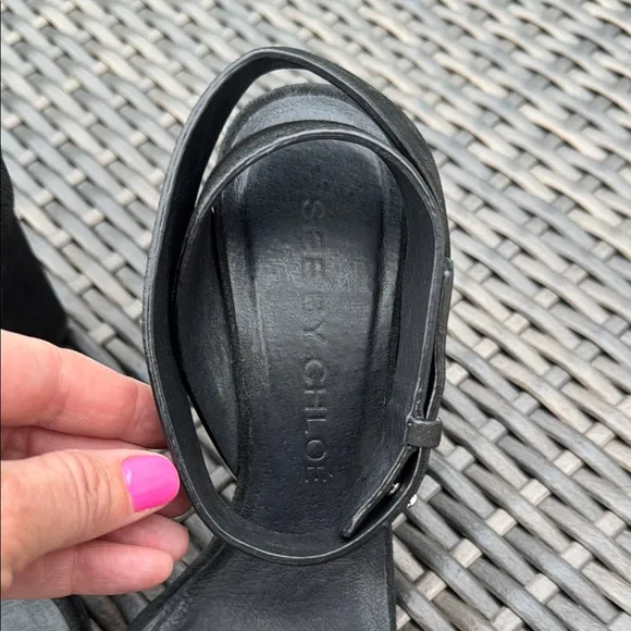 See By Chloe Black and Tan Strappy Wedge Sandals Size