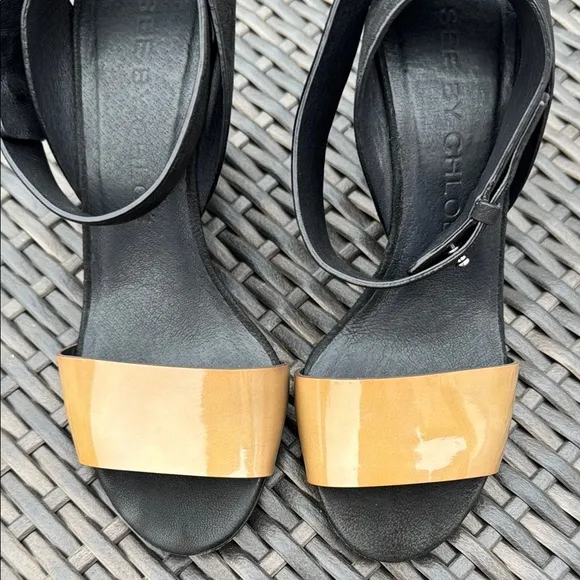 See By Chloe Black and Tan Strappy Wedge Sandals Size