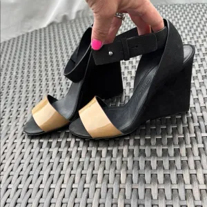 See By Chloe Black and Tan Strappy Wedge Sandals Size