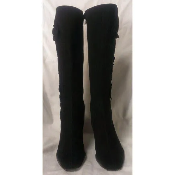 SESTO MEUCCI Women Embroidered Black Leather Knee-High Fashion Dress Boots 5.5M