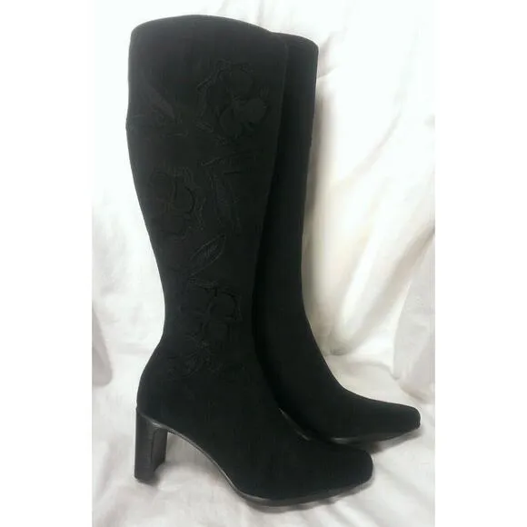 SESTO MEUCCI Women Embroidered Black Leather Knee-High Fashion Dress Boots 5.5M