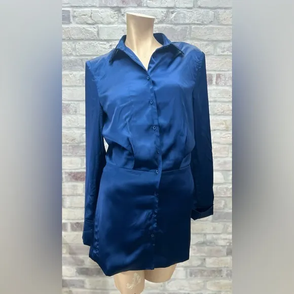 Sexy Blue Satin Mini‎ Shirt Dress LIONESS Mirror Image Longsleeve XS