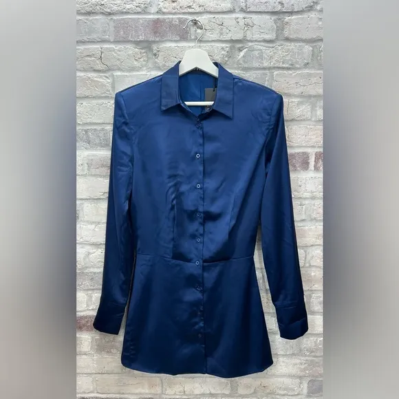 Sexy Blue Satin Mini‎ Shirt Dress LIONESS Mirror Image Longsleeve XS