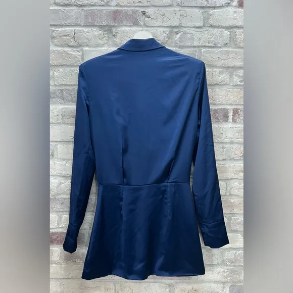 Sexy Blue Satin Mini‎ Shirt Dress LIONESS Mirror Image Longsleeve XS