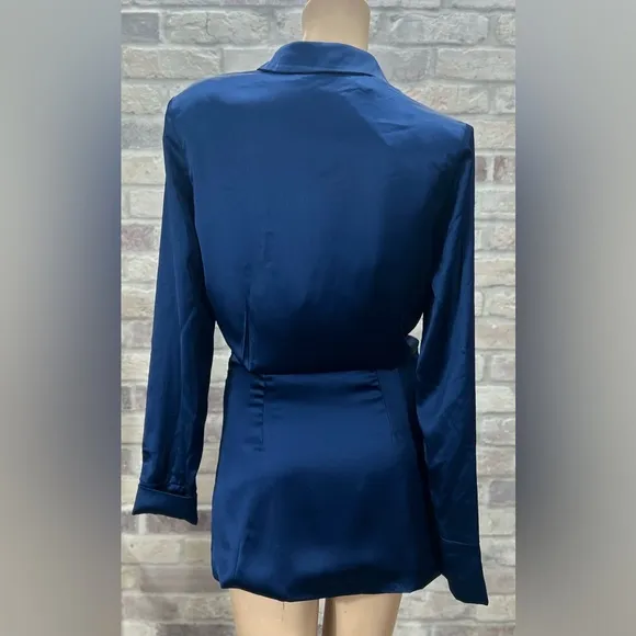 Sexy Blue Satin Mini‎ Shirt Dress LIONESS Mirror Image Longsleeve XS